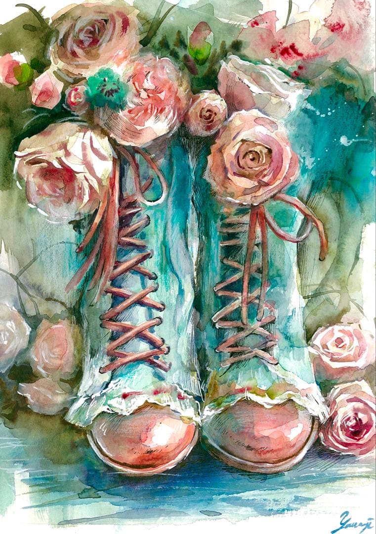 水彩画 原画 ブーツ