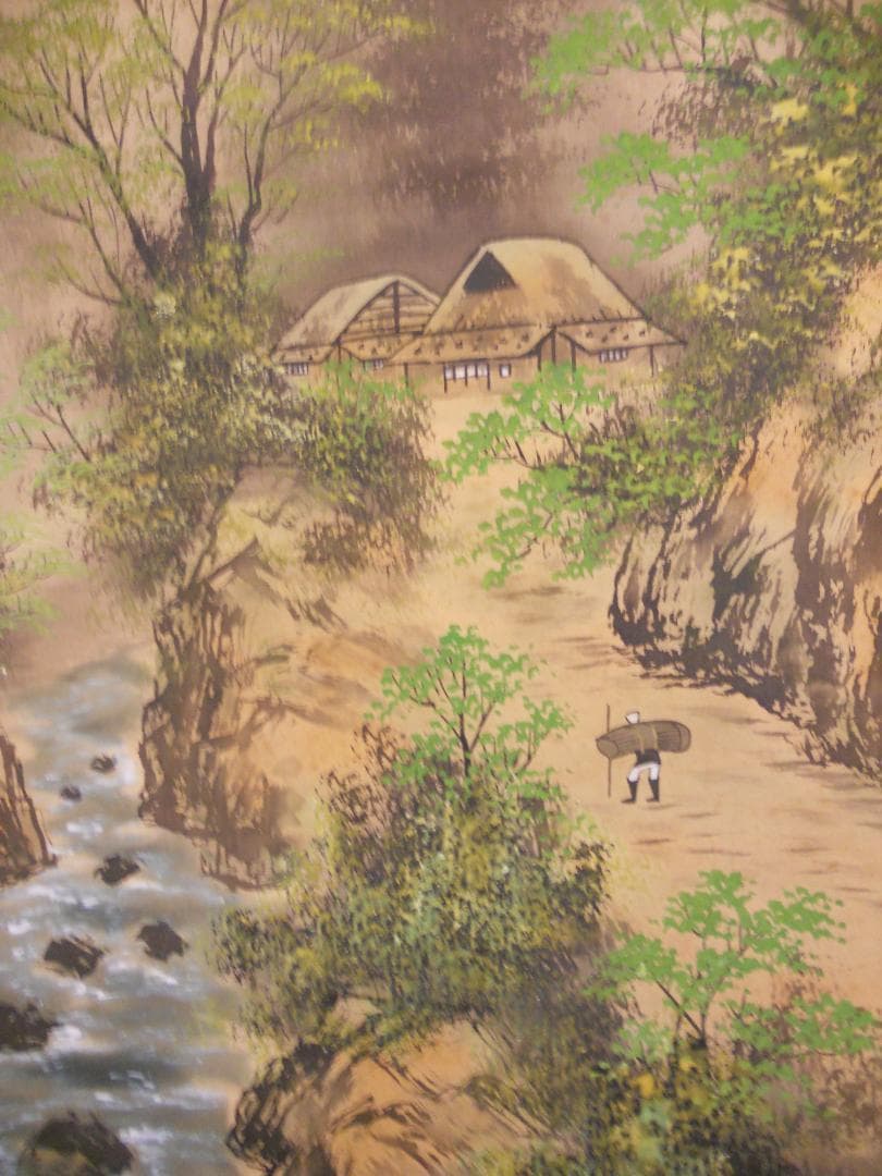 掛け軸 秀月 淡彩山水 絹本 希少 軸装 茶道具 掛軸 美品 です。