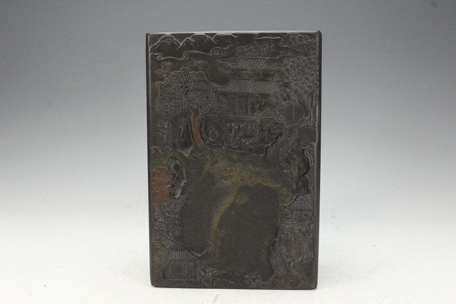 中国美術 文房具 端渓 硯 刻 庭園 箱付(K-LC730)