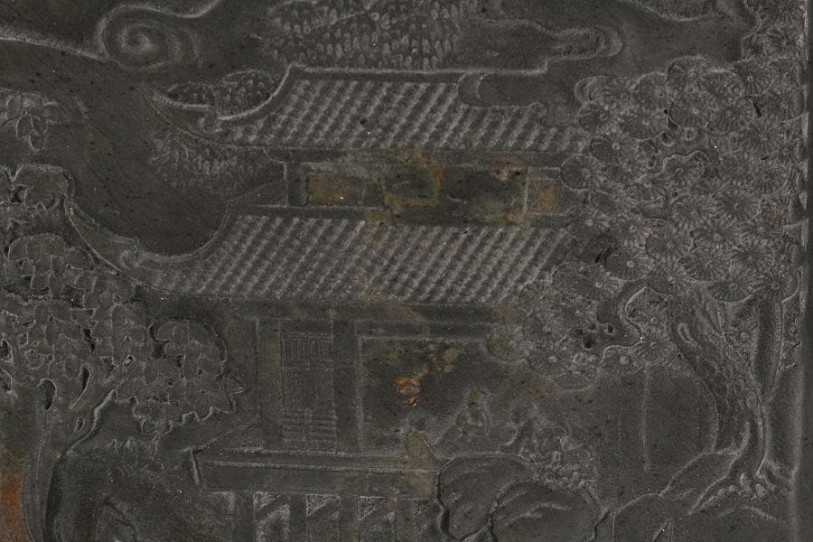 中国美術 文房具 端渓 硯 刻 庭園 箱付(K-LC730)