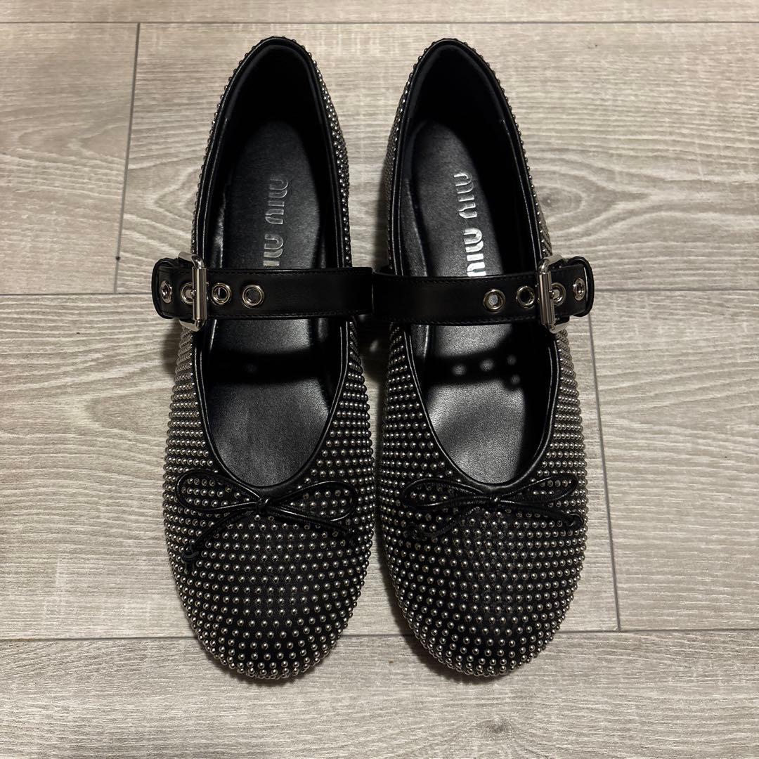 miu miu ミュウミュウ リボン スタッズ　バレリーナ　パンプス