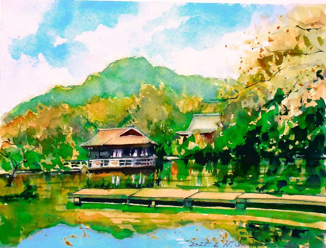 水彩画鎌倉八幡宮( 額装済み)