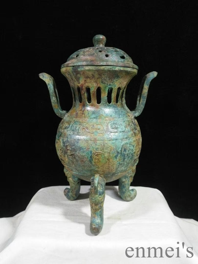 中国古美術 戦国 青銅器 朝冠耳香炉 禮器 香道具 風紋彫刻 芳香具 案頭 骨董