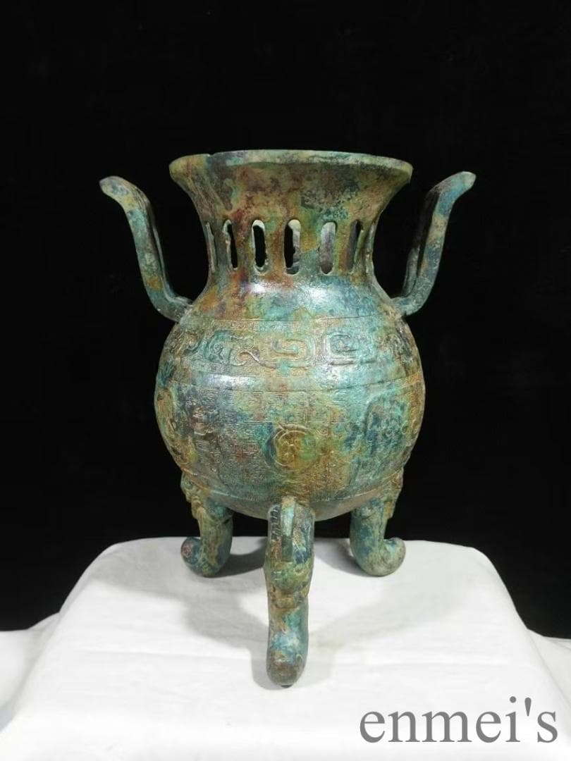 中国古美術 戦国 青銅器 朝冠耳香炉 禮器 香道具 風紋彫刻 芳香具 案頭 骨董