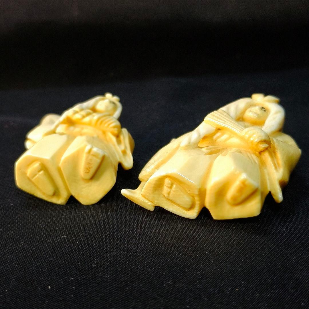 根付 能人形2体 在銘 作家物 縞模様 天然材質 江戸骨董 蒐集家放出古美術品