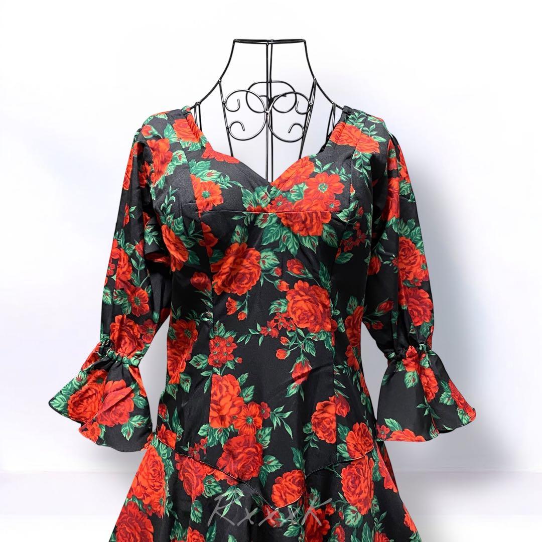 アトリエ貴美恵 フラメンコ 衣装 ドレス ワンピース 花柄 バラ 黒