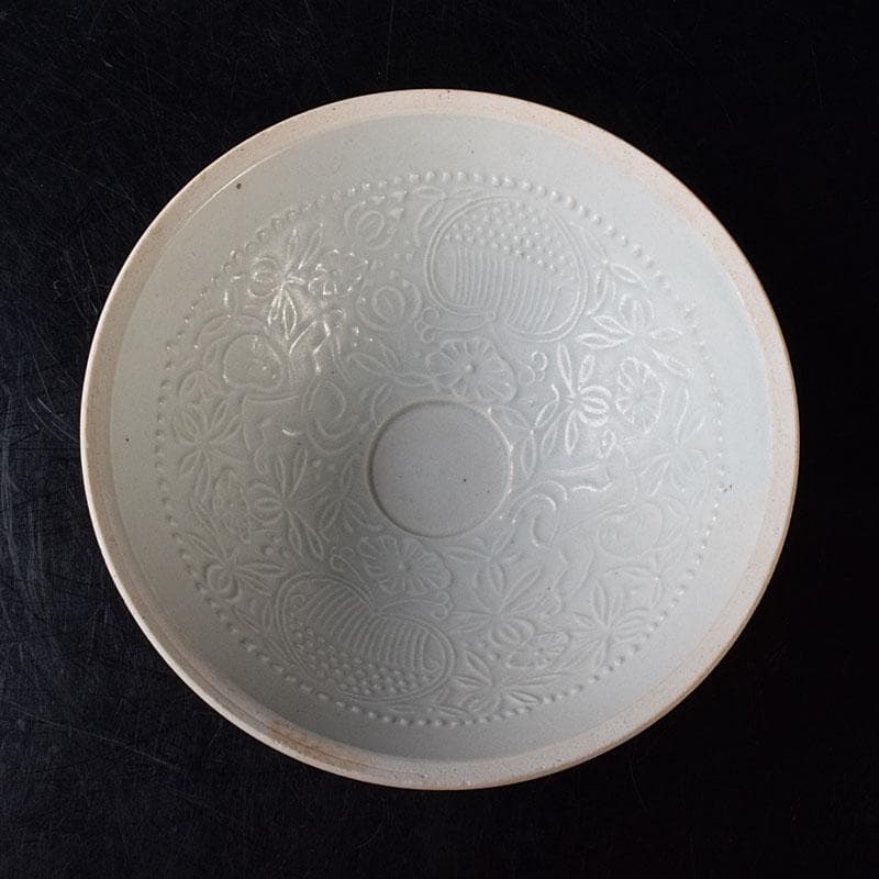 中国　定窯　白磁　刻花文碗　時代箱　V　R8462