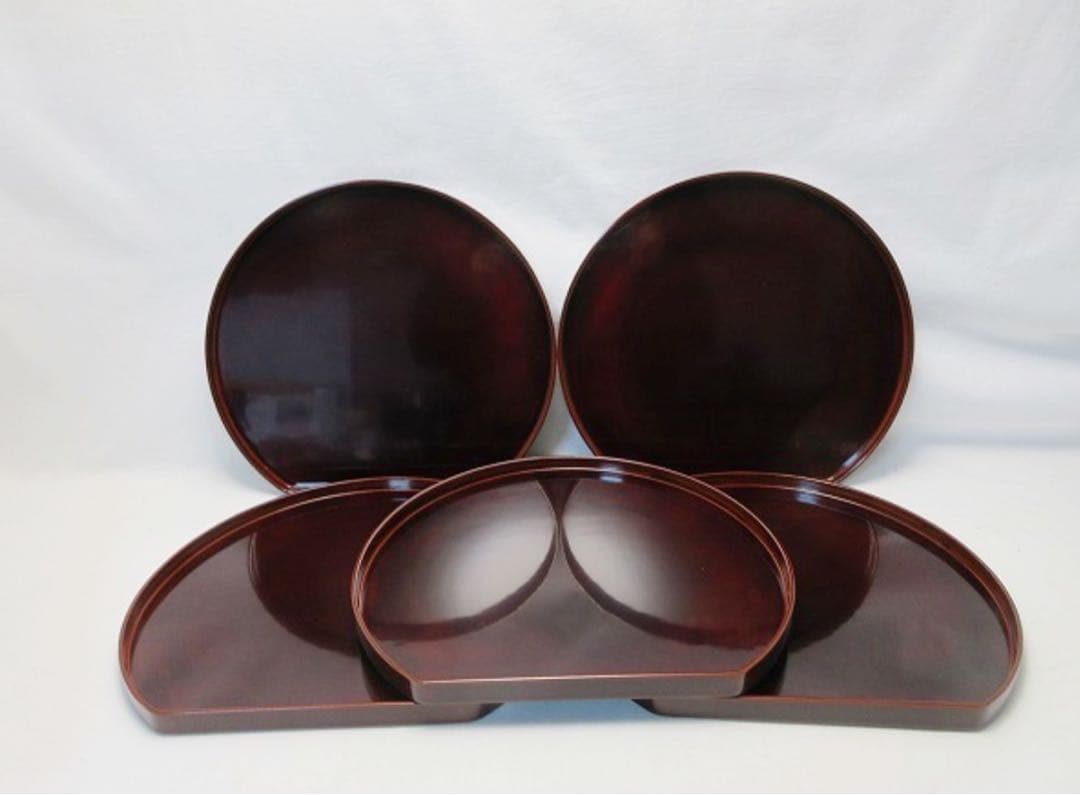 ほぼ未使用 懐石道具 輪島塗 木製 溜塗 半月膳 五枚揃 宴会盆 銘々盆 共箱