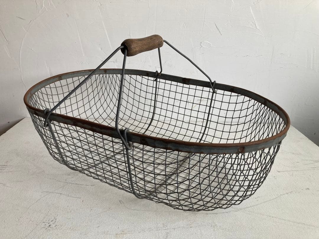 ワイヤーバスケット 楕円形 木製ハンドル