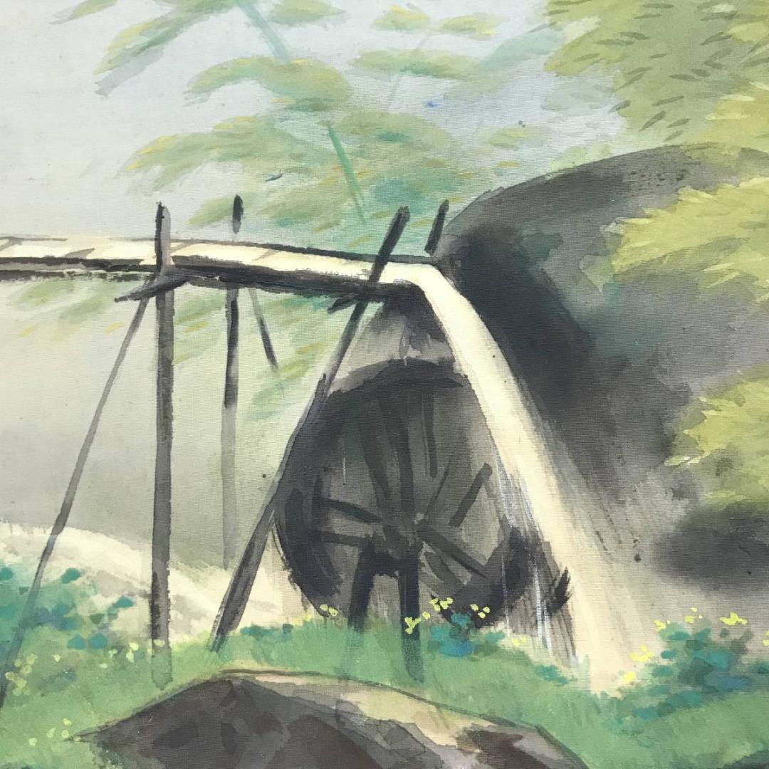 真作/堀江春斎/水聲/竹林水車図/山水図/横物/掛軸/名家伝来/AE-174