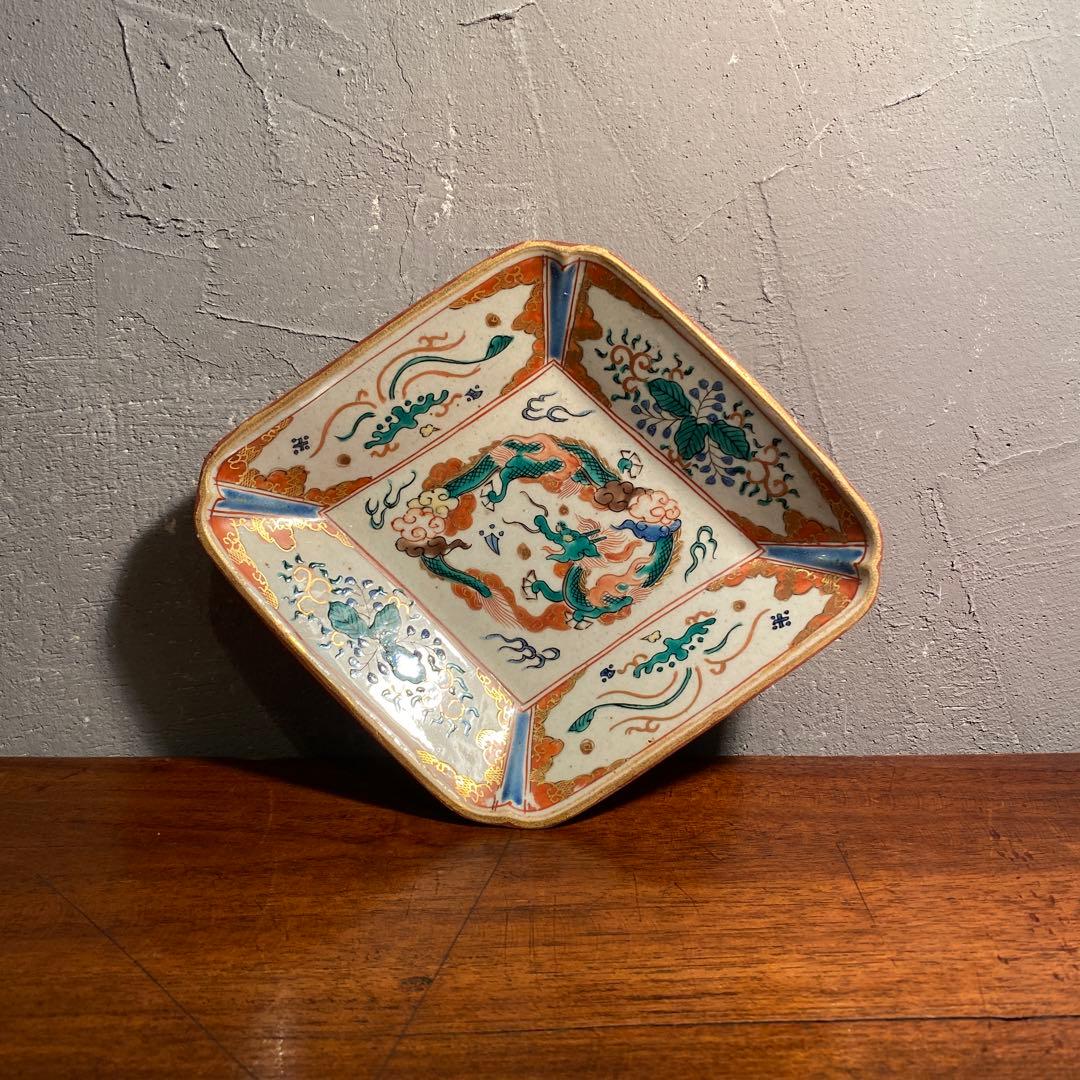 時代物 九谷焼 龍紋様 菱形皿 骨董品 古九谷 金彩 コレクション