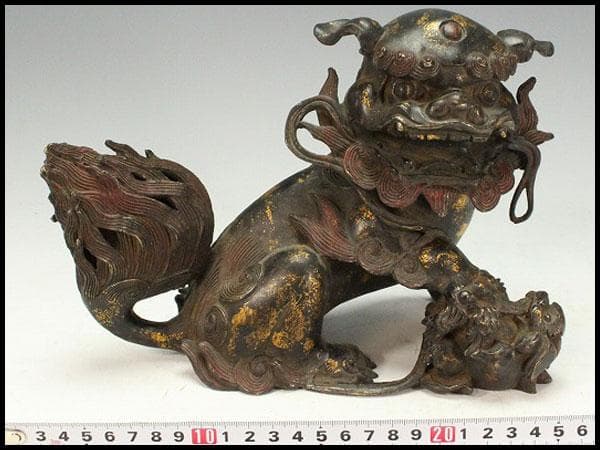 色絵銅 親子獅子 置物 24.5cmx14cm 時代物(K-XA771)