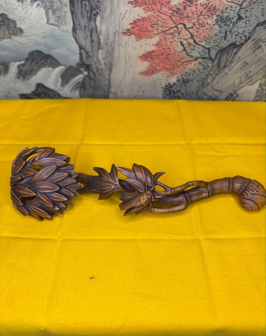置物　珍木 古美術 黄楊木 虫 竹　　極細工