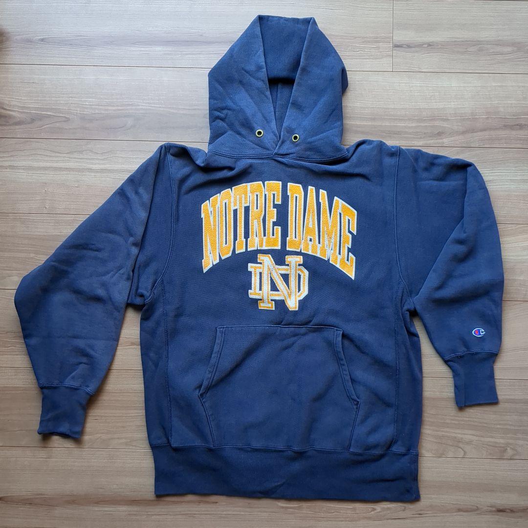 90s USA製 リバースウィーブパーカー ノートルダム ネイビー 刺繍タグXL