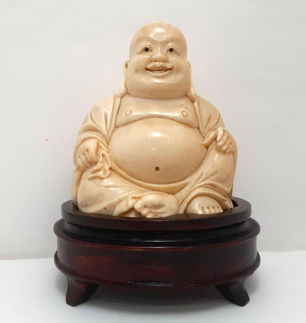 Y1701-5 細密彫刻 極上 布袋置物 唐木台付 総重量319.4g