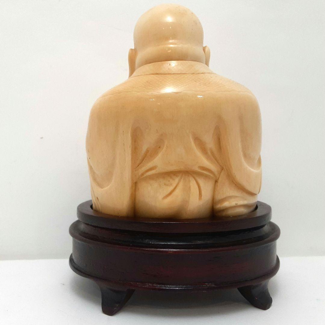 Y1701-5 細密彫刻 極上 布袋置物 唐木台付 総重量319.4g