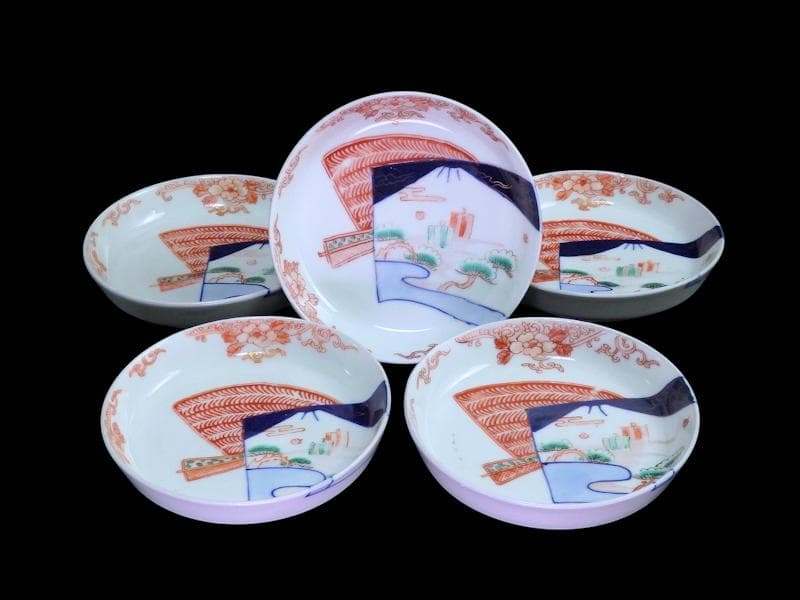 古伊万里　色絵　羊歯文様に松原帆掛け船　富士の図　５枚　B992AS-DAi