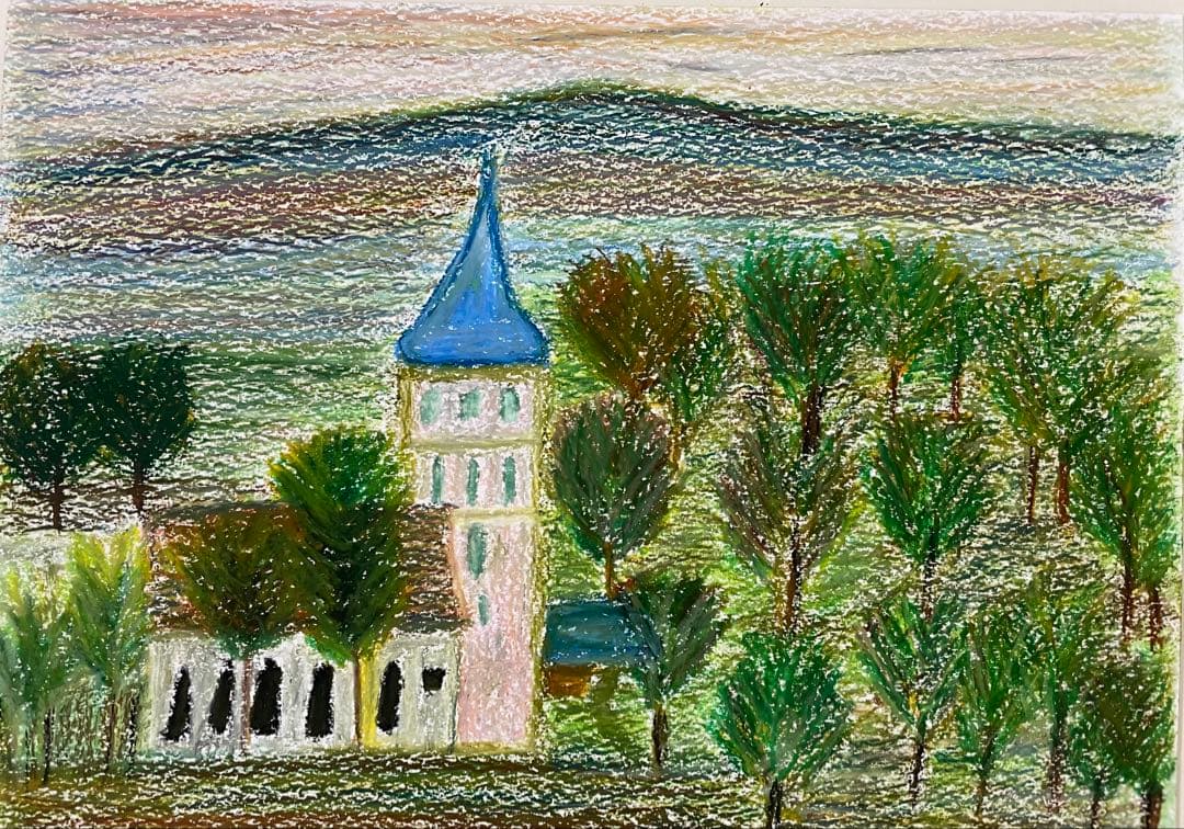 風景画 パステル画 青い屋根の塔
