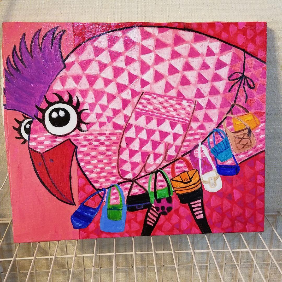 油絵　くーちゃん　バッグをたくさん持つ鳥