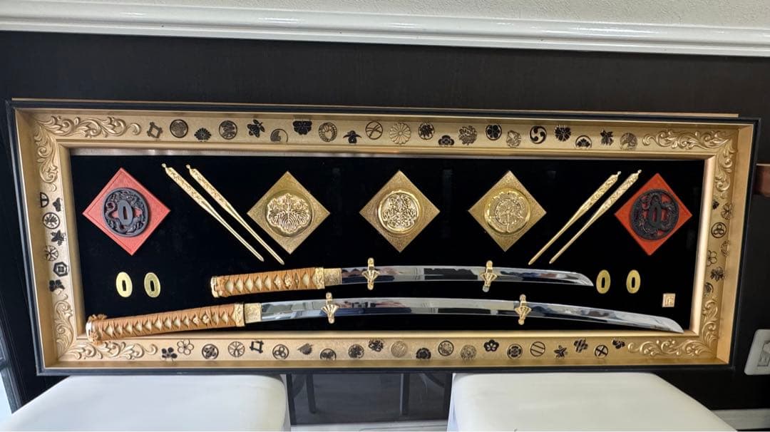 武家三大家家紋 徳川 織田 豊臣 名刀額飾り　模造刀　鍔　刀