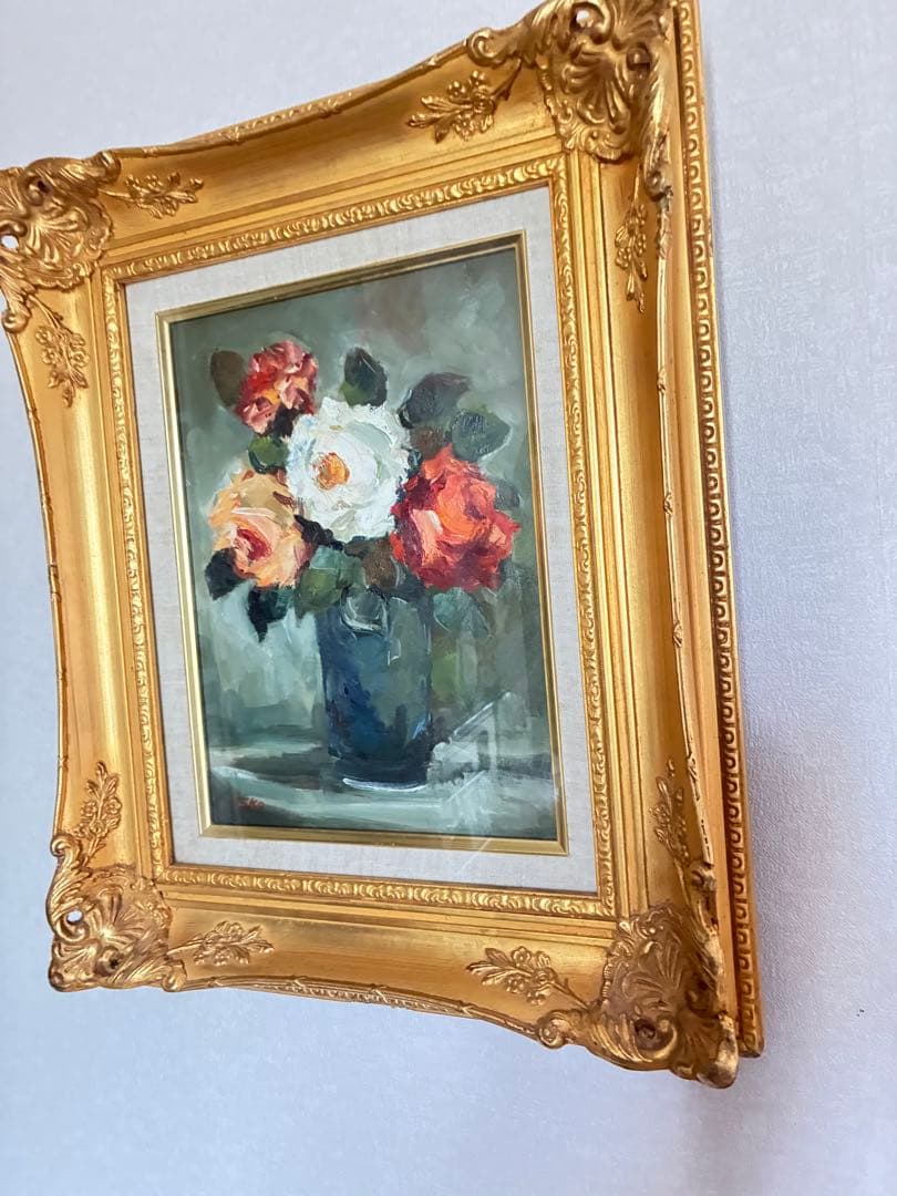 バラの油彩画 金色フレーム付きyoko 作　肉筆サインあり