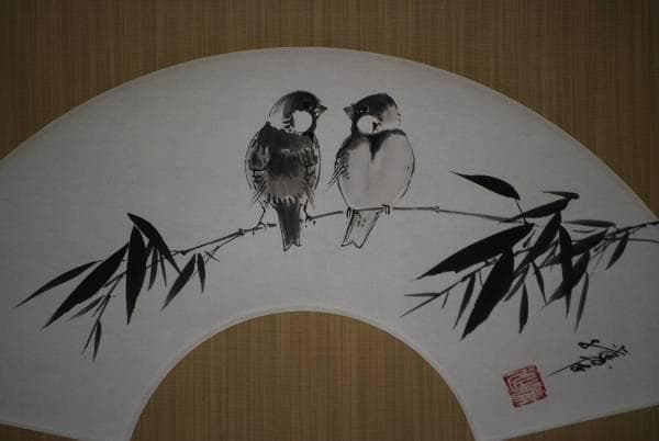 真作/川人勝延/扇面/雀声/竹に雀図/美品/桐共箱付/布袋屋掛軸HD-46