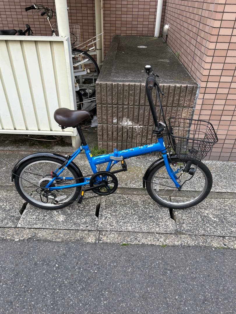 折りたたみ自転車 青 ブラウンサドル 前バスケット付き