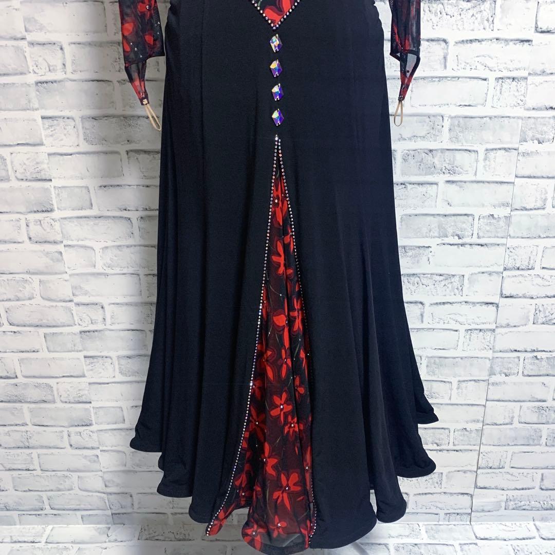 【in the MOOD】日本製　社交ダンス　花柄　赤黒カラー　ドレス　L