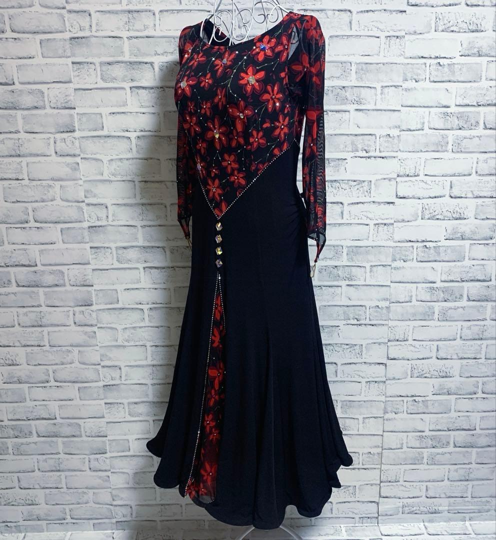 【in the MOOD】日本製　社交ダンス　花柄　赤黒カラー　ドレス　L