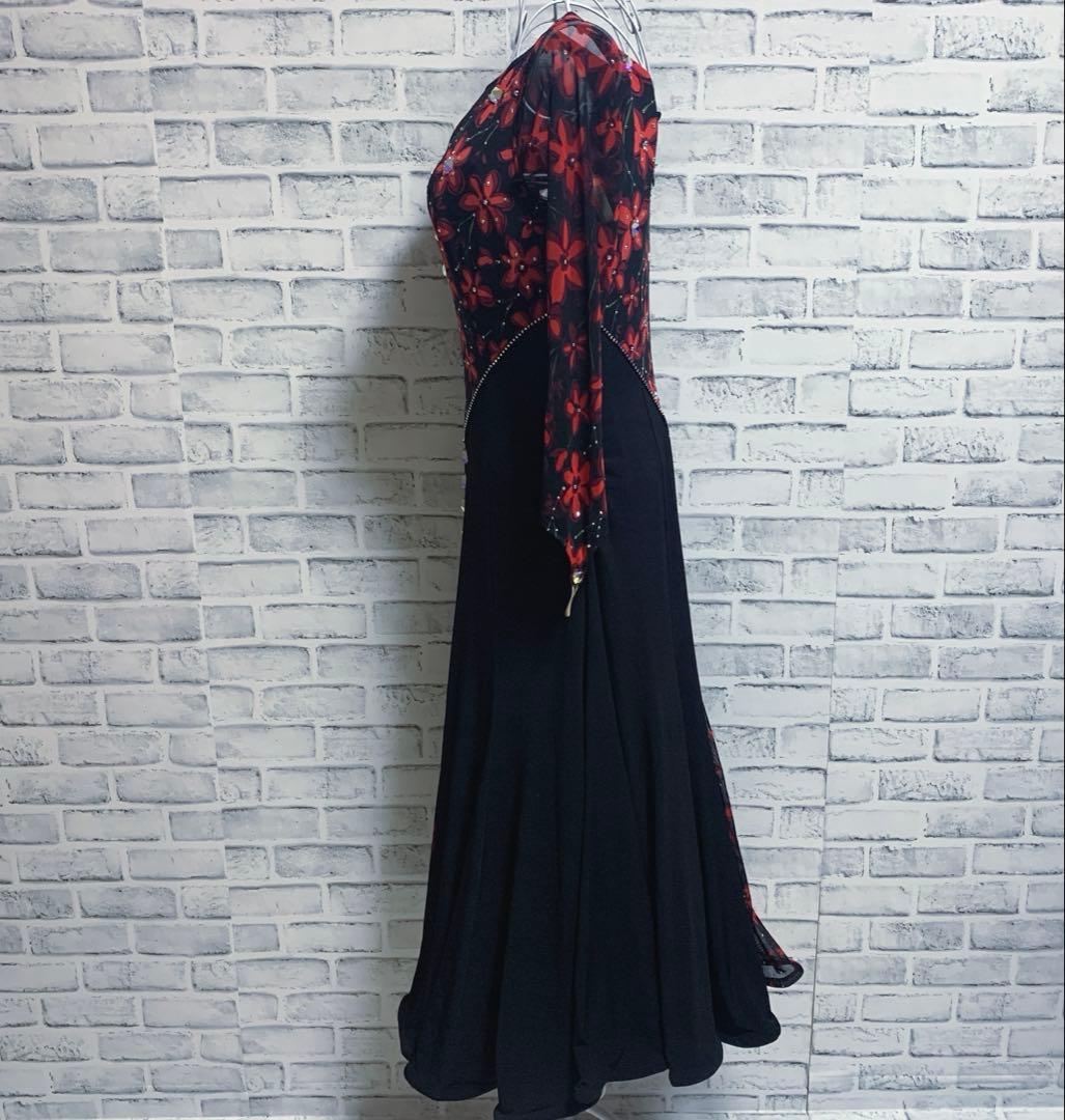 【in the MOOD】日本製　社交ダンス　花柄　赤黒カラー　ドレス　L