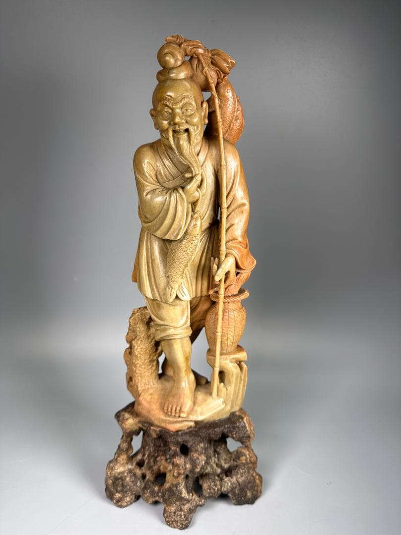 中国美術　文革時代　 寿山石漁夫の利彫人形　 古玩　置物　鑑賞　美品無傷