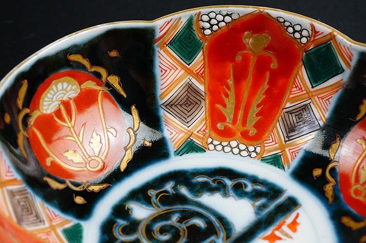 古伊万里色絵手描染付絵付け花形向付五客