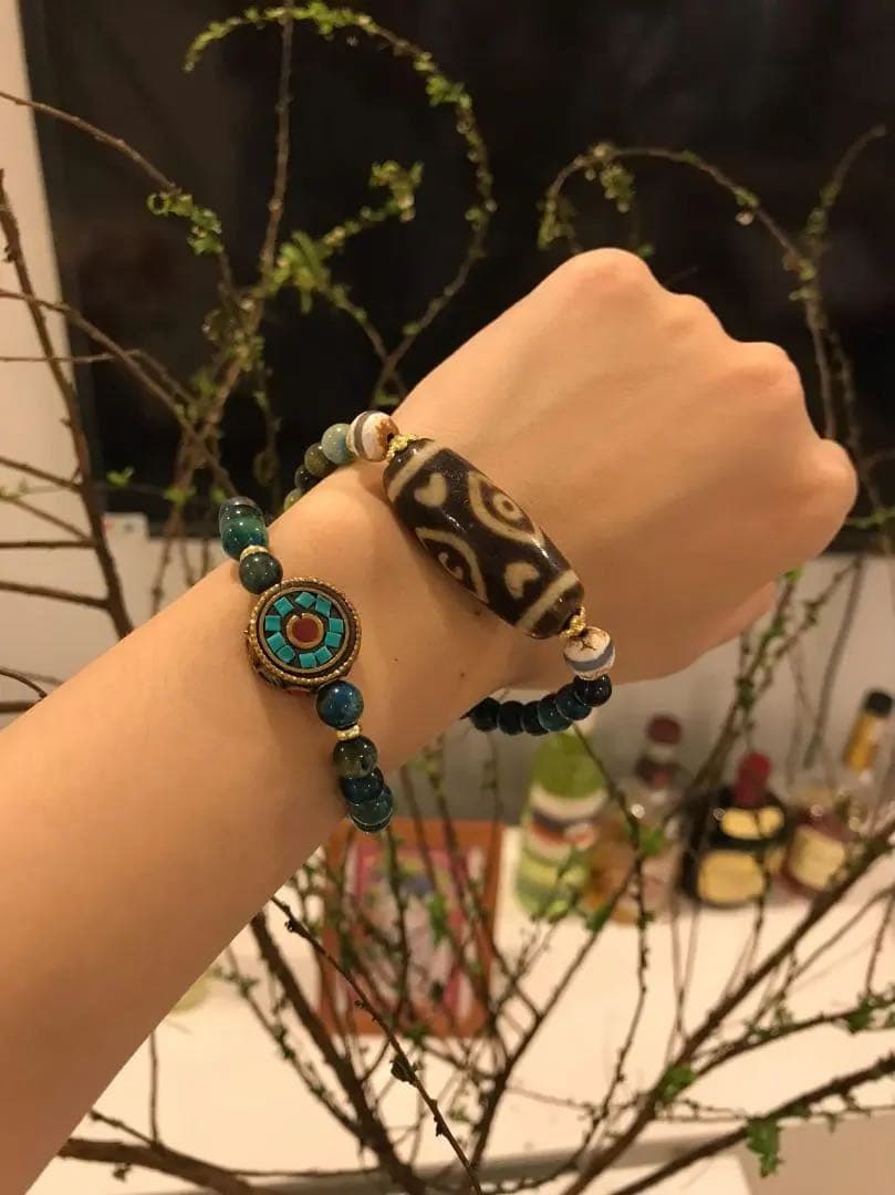 ☘️超レア 龍眼天珠（ドラゴンアイ）ジービーズ Dzi 青虎目石 ブレスレット