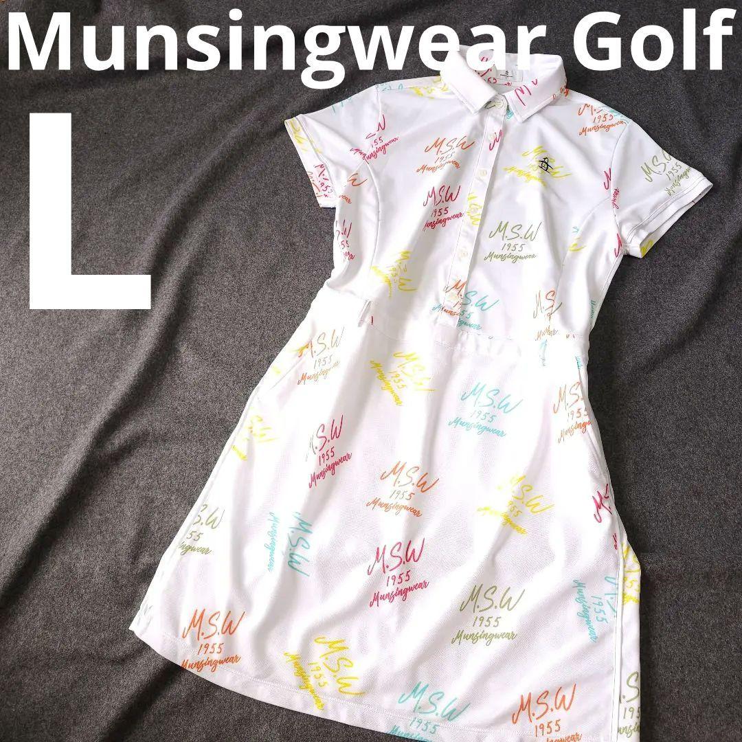 【マンシングウェア】ペンギンロゴ×ロゴ総柄 マルチカラー 半袖ゴルフワンピースL