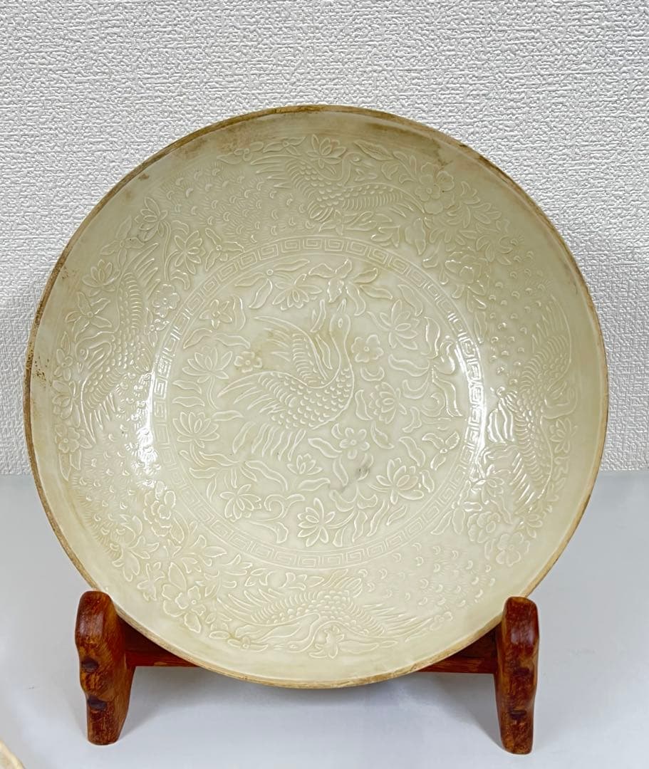 中国古美術　宋時代定窯白磁花卉•鶴紋皿；BL1-7