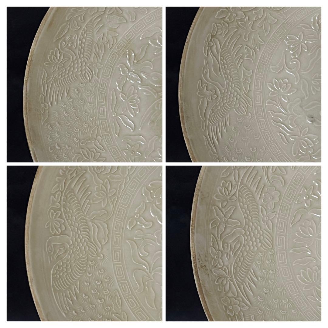 中国古美術　宋時代定窯白磁花卉•鶴紋皿；BL1-7