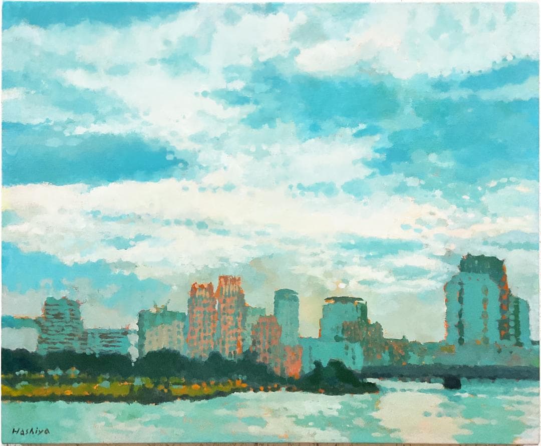 絵画 663 油絵/風景/東京/街角/隅田川/空/F15号