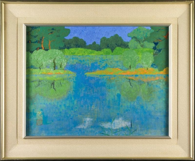 高山辰雄　岩絵具　肉筆『夏日』サイン(印譜)　共シール　P12号　額装　b327