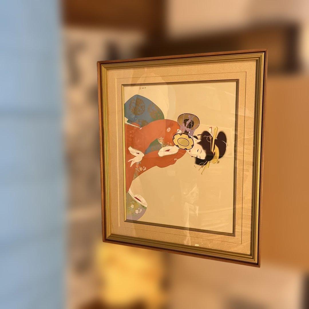 文化勲章受賞　上村松園　鼓の音　シルク版画　美人画