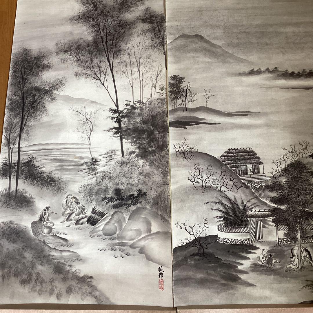 橋本雅邦　紙本水墨画《風景人物画》肉筆　落款印譜あり　双幅捲り　模写　NO107