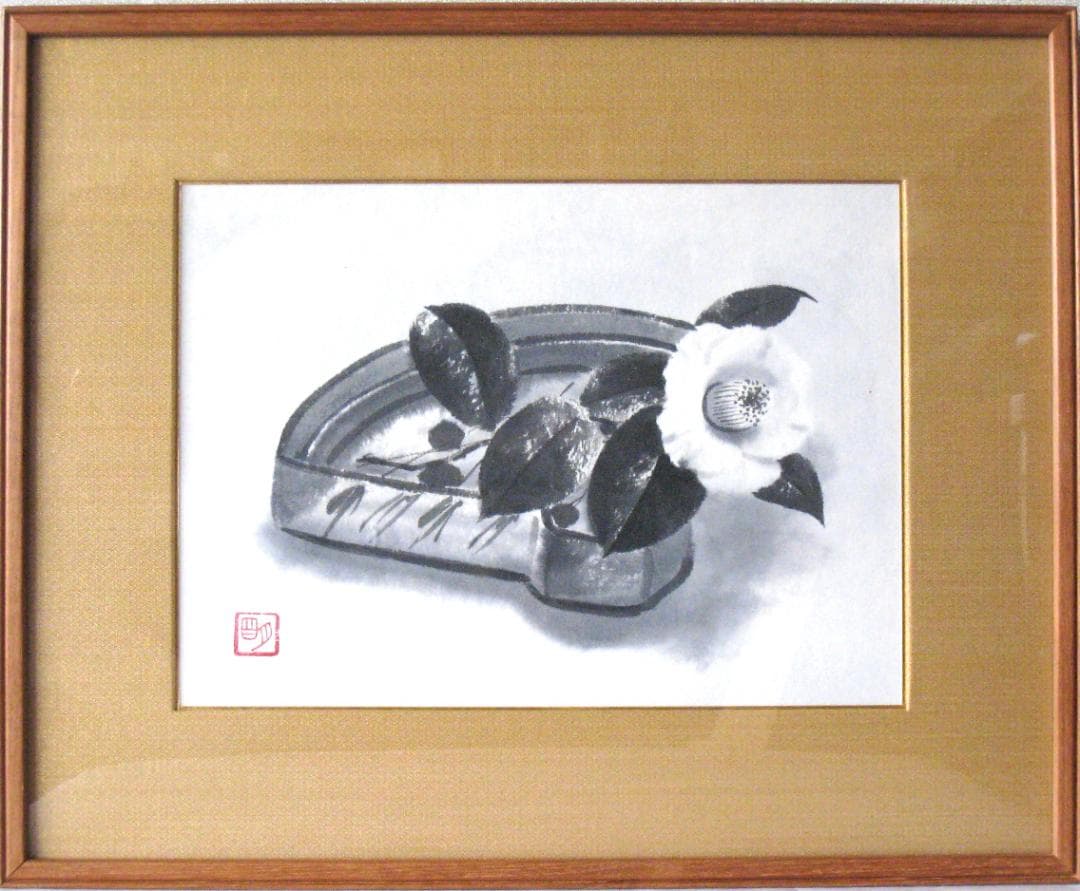 た*ん様 【真筆】穐月 明◆扇鉢の椿　額 ４号 共シール・黄袋・タトウ箱付