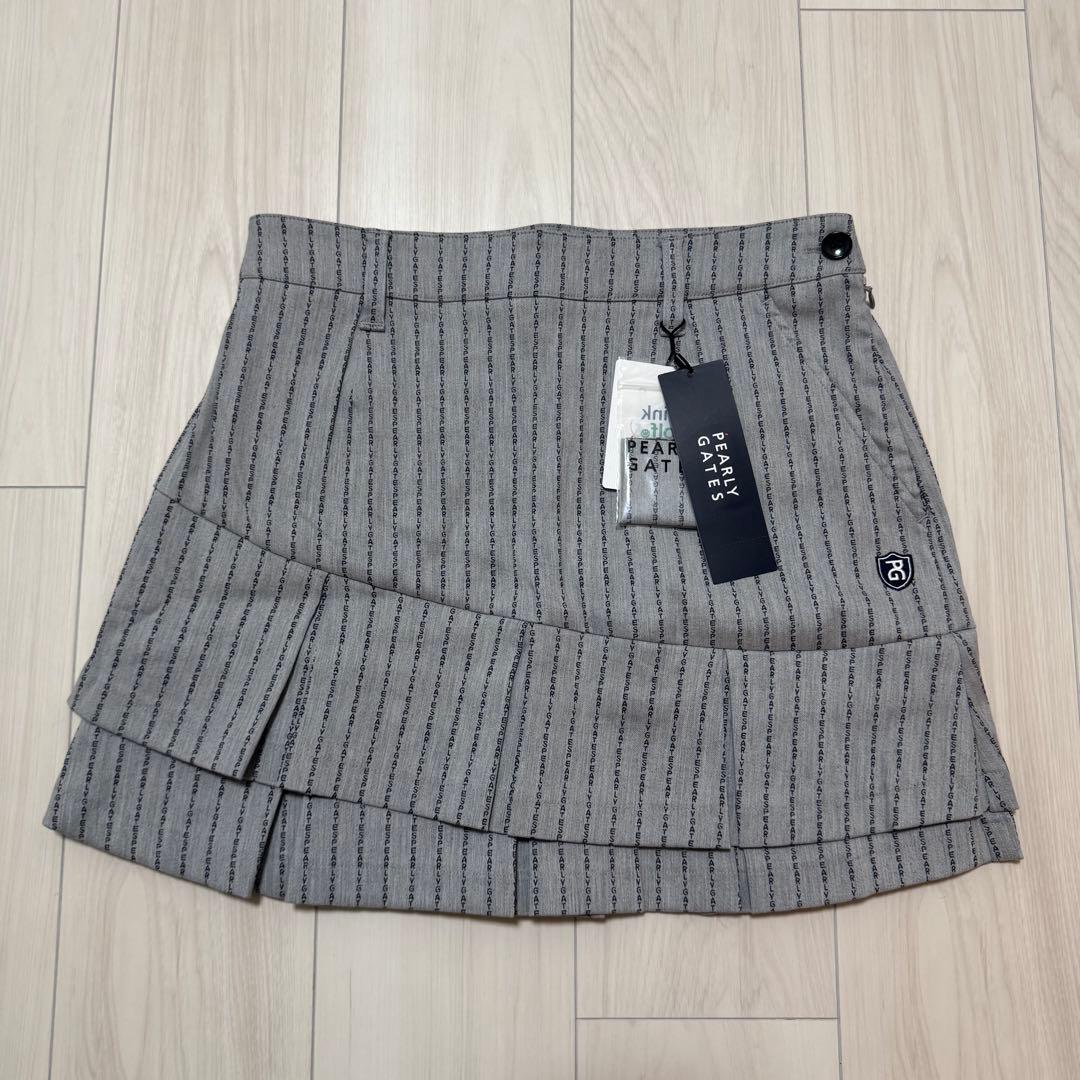 新品タグ付き パーリーゲイツ スカート グレー フリル ストレッチ ストライプ