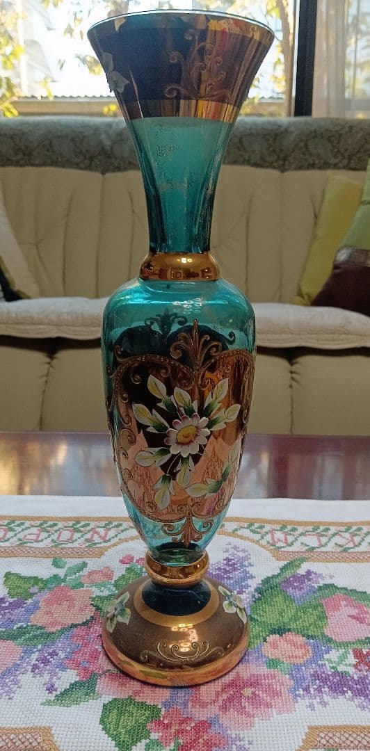 ボヘミアングラス　 花瓶 青・金・茶