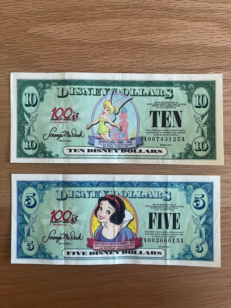 ディズニーダラー　ウォルトディズニー生誕100周年　5ドル札　10ドル札　2枚