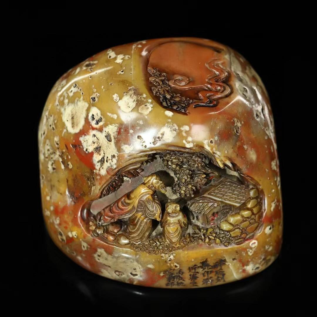 中国古美術・旧蔵人物薄意の印鑑・寿山石原石彫り・印材・書道具・文房置物・風水開運