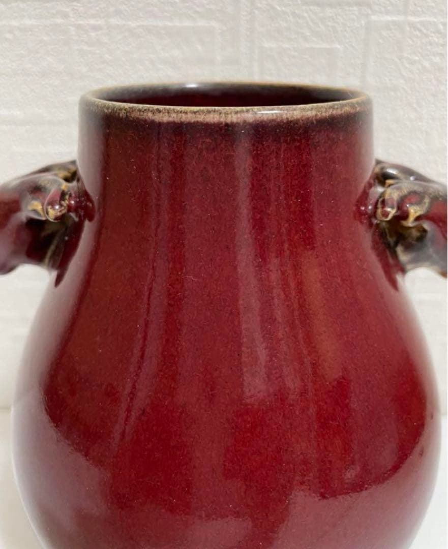 中国 骨董品 清时代 祭紅釉鹿耳尊 本物 アンティーク 紅釉 赤釉 唐物古玩