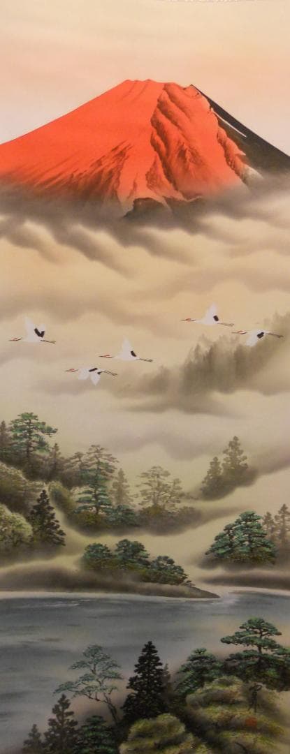 掛け軸 石田雪外 赤富士飛鶴 絹本 希少 軸装 茶道具 掛軸 美品 です。