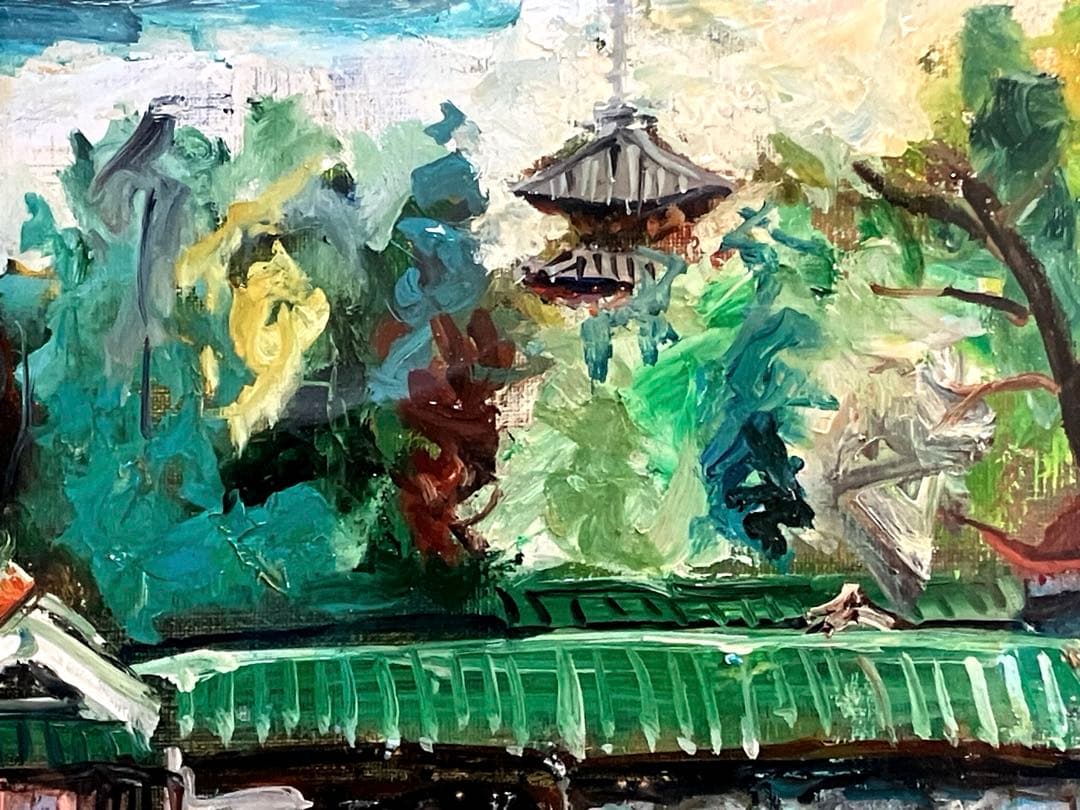 桝井良論「奈良風景」 8号 油彩 油絵 絵画 風景画 日本家屋 木製額縁　厚塗り