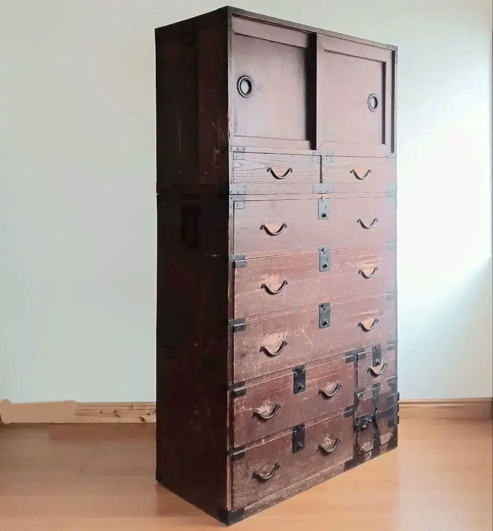 幕末〜明治初期頃　帳場箪笥 商家用／鉄金具多数／書き印あり