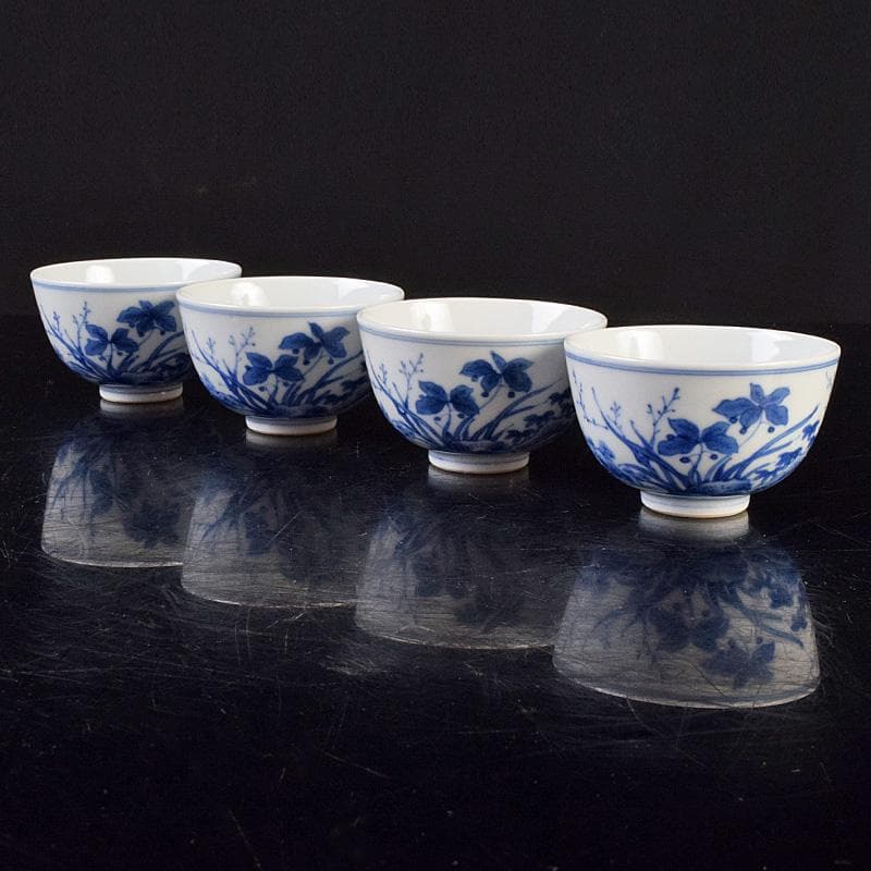 煎茶道具　平安陶工　清山造　染付　花鳥文　煎茶碗　四客　共箱　U　R9303